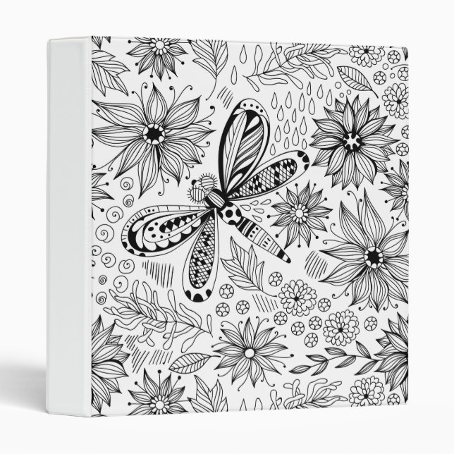 Dragonfly and flowers doodle 3 ring binder (Front/Spine)