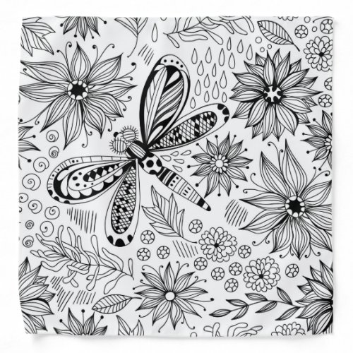 Dragonfly and flowers doodle bandana
