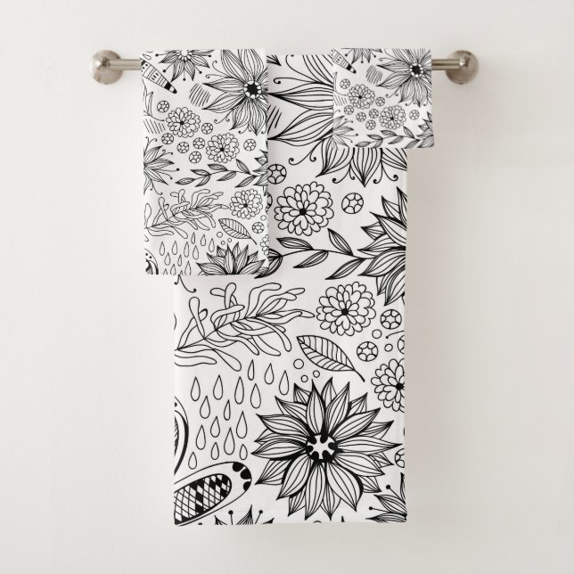 Dragonfly and flowers doodle bath towel set (Insitu)