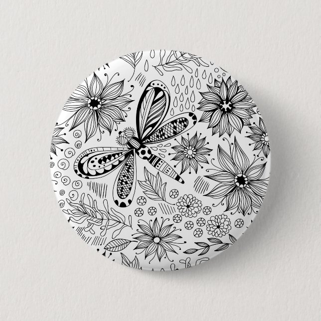 Dragonfly and flowers doodle button (Front)