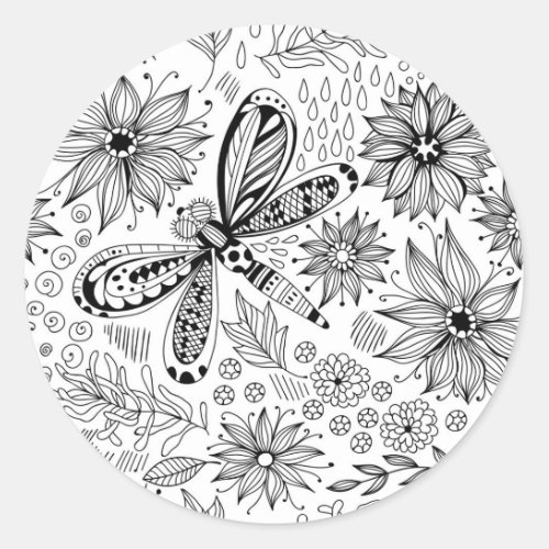Dragonfly and flowers doodle classic round sticker