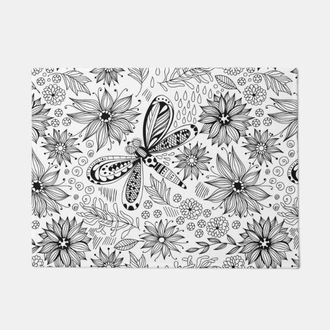 Dragonfly and flowers doodle doormat (Front)