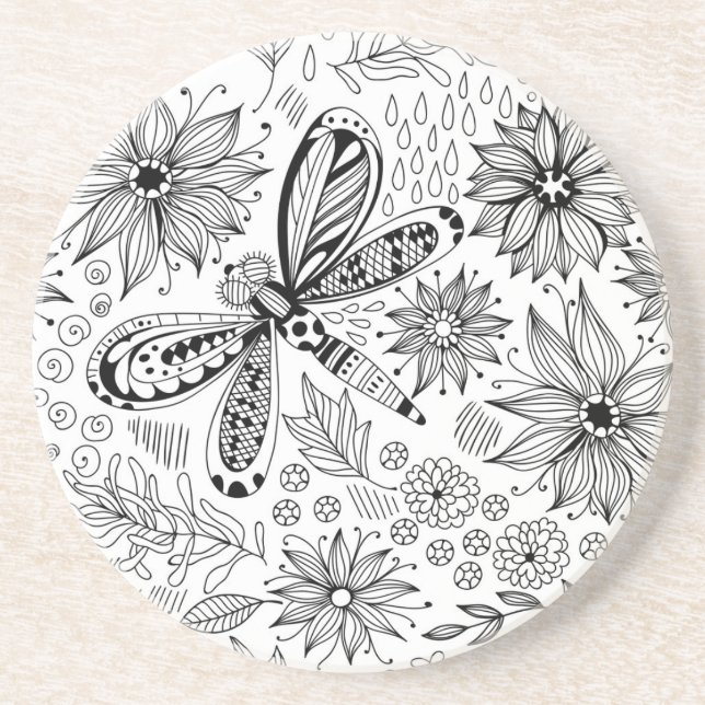 Dragonfly and flowers doodle drink coaster (Front)