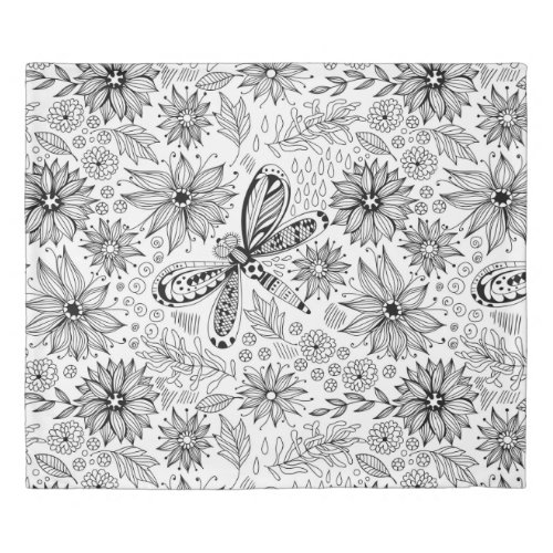 Dragonfly and flowers doodle duvet cover