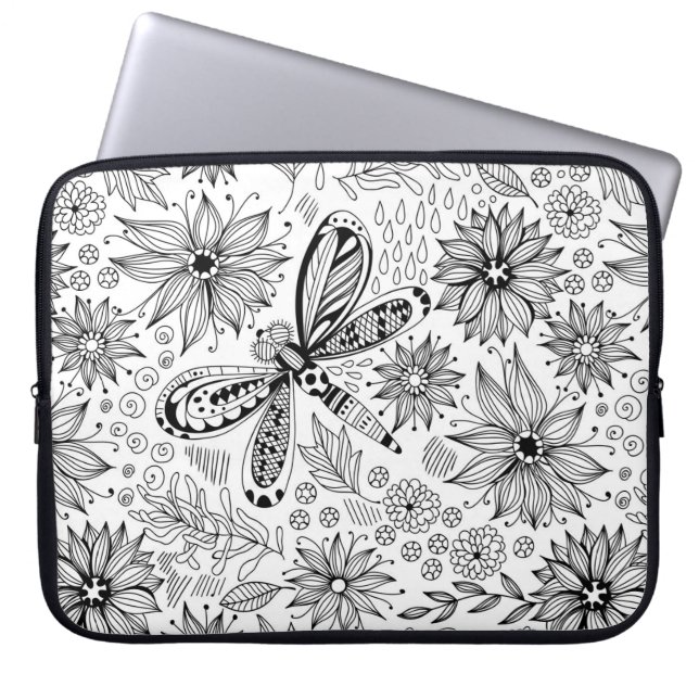 Dragonfly and flowers doodle laptop sleeve (Front)