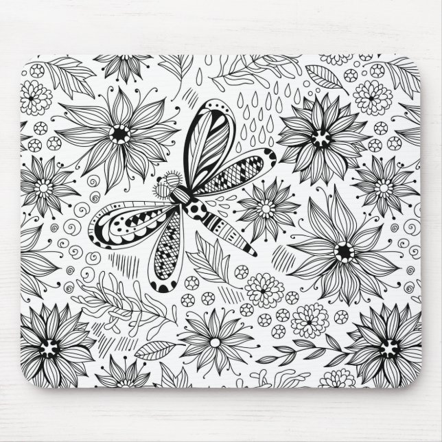 Dragonfly and flowers doodle mouse pad (Front)