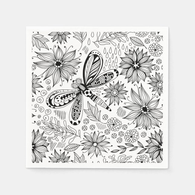 Dragonfly and flowers doodle napkins (Front)