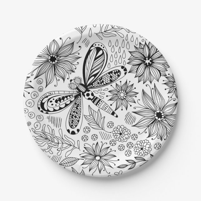 Dragonfly and flowers doodle paper plates (Front)
