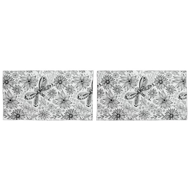 Dragonfly and flowers doodle pillowcase (Front-Set)