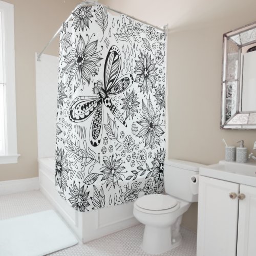 Dragonfly and flowers doodle shower curtain
