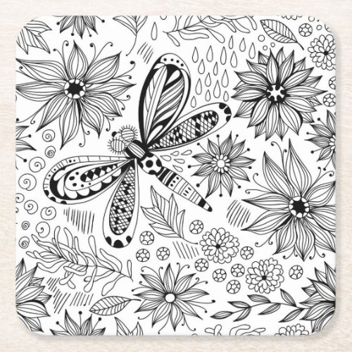 Dragonfly and flowers doodle square paper coaster