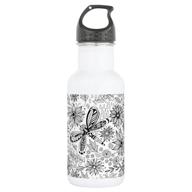 Dragonfly and flowers doodle stainless steel water bottle (Front)