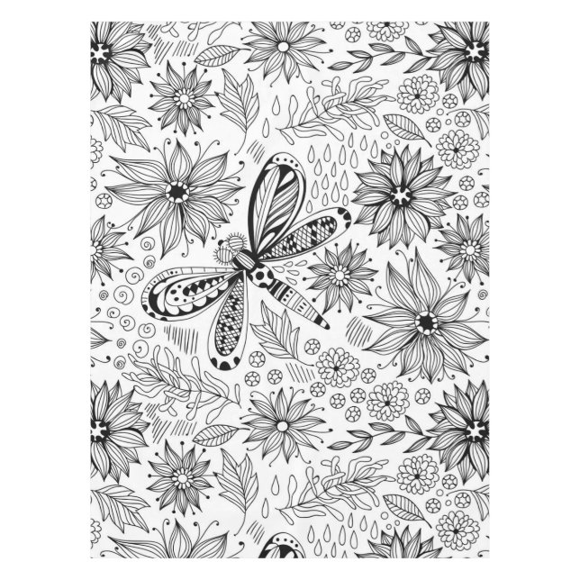 Dragonfly and flowers doodle tablecloth (Front)