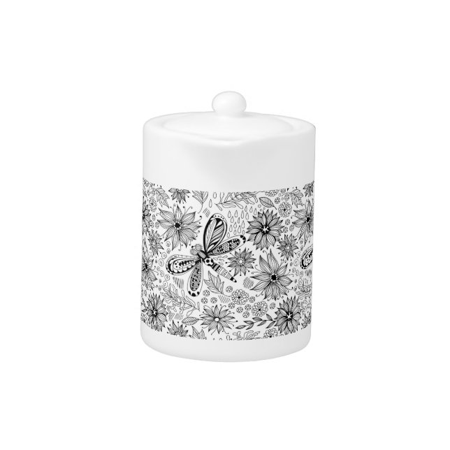 Dragonfly and flowers doodle teapot (Front)