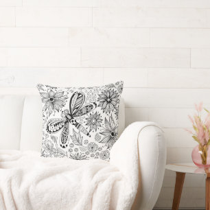 Dragonfly and flowers doodle throw pillow