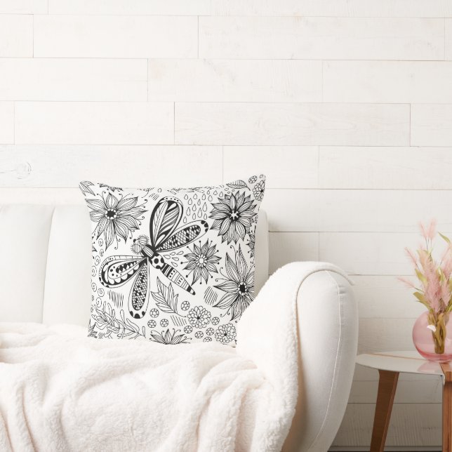 Dragonfly and flowers doodle throw pillow (Couch)