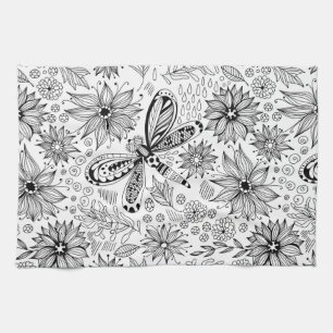 Dragonfly and flowers doodle towel