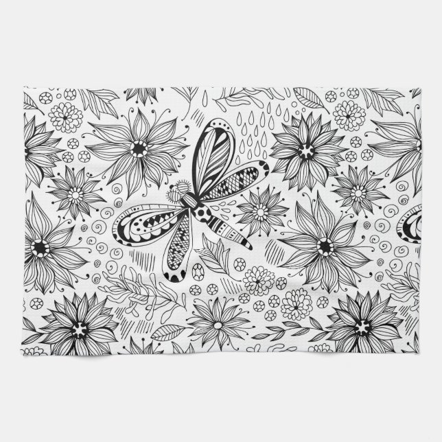 Dragonfly and flowers doodle towel (Horizontal)