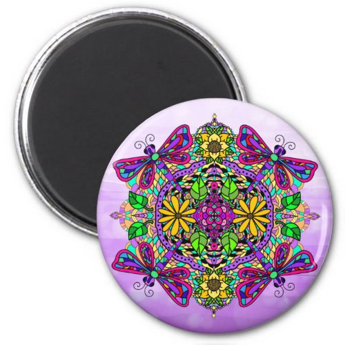 Dragonfly and Flowers Mandala Magnet