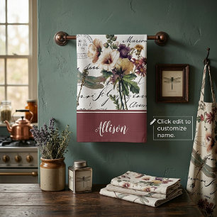 Dragonfly and flowers personalized Kitchen Towels