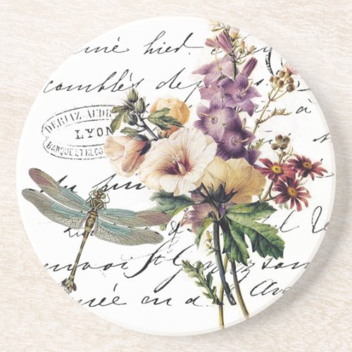 Dragonfly and flowers sandstone coaster