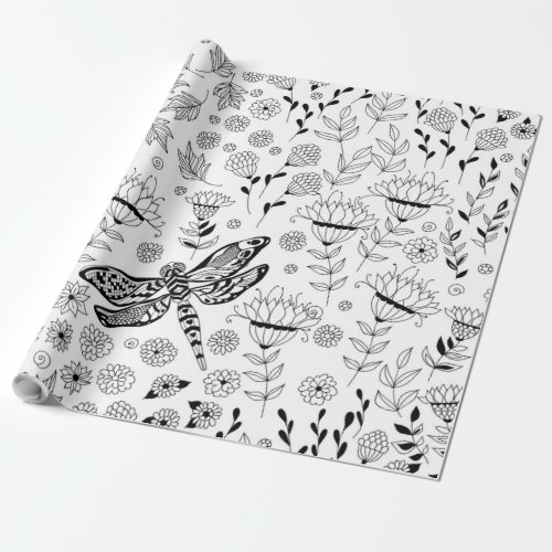 Dragonfly and flowers wrapping paper