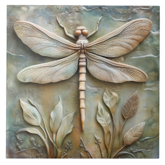Dragonfly and Foliage Faux Relief Ceramic Tile
