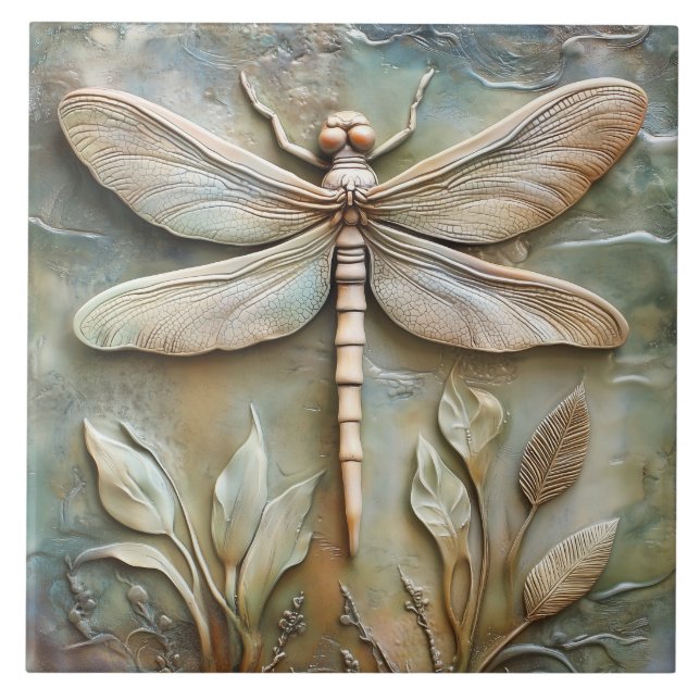 Dragonfly and Foliage Faux Relief  Ceramic Tile (Front)