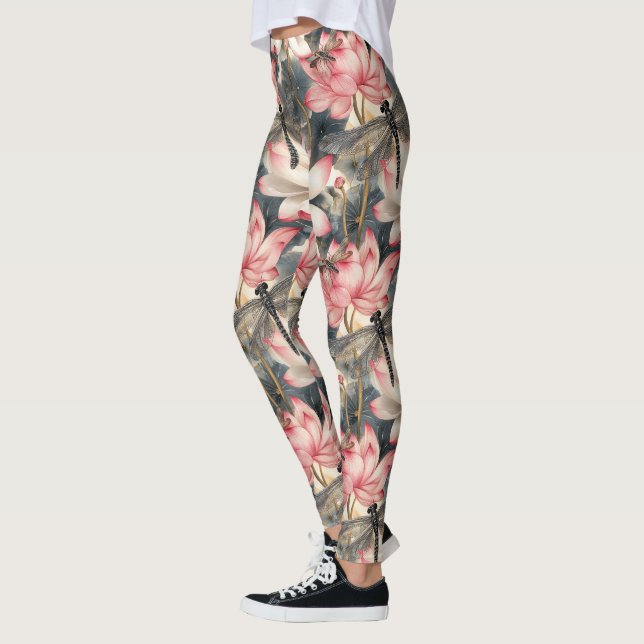 Dragonfly and Light Pink Lotus Design Leggings (Left)