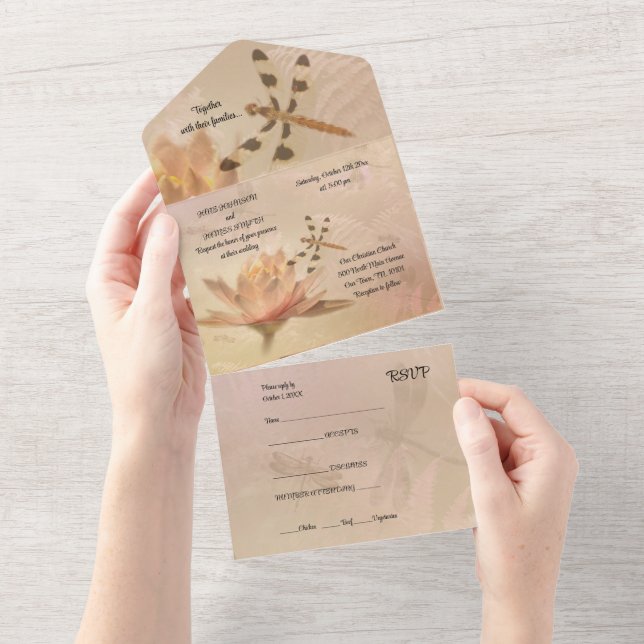 Dragonfly and Lily All in One Wedding Invitation (Tearaway)