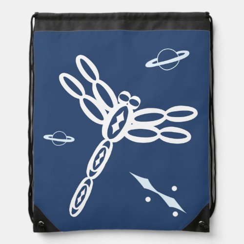 Dragonfly and Outer Space Rift blue and white Drawstring Bag