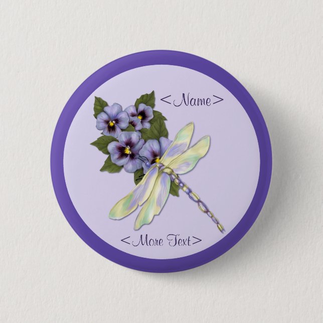 Dragonfly and Pansies Button (Front)