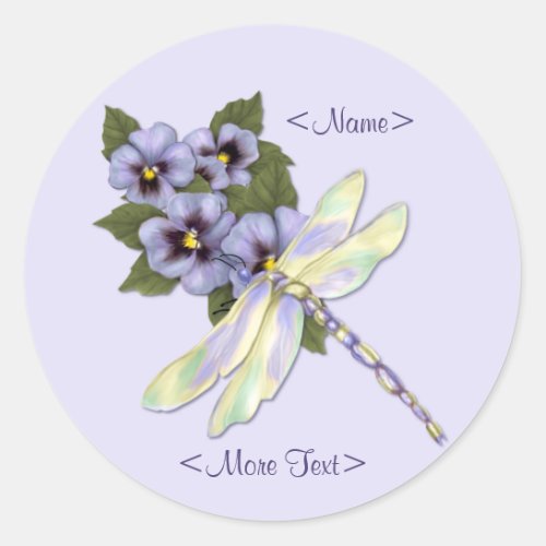 Dragonfly and Pansies Classic Round Sticker