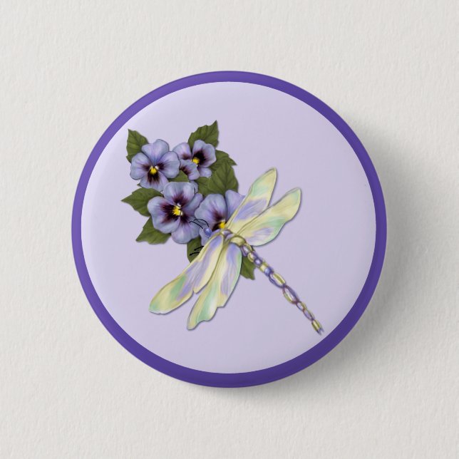 Dragonfly and Pansies Pinback Button (Front)