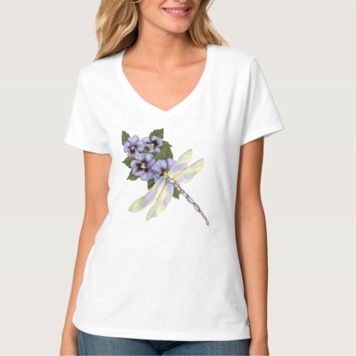 Dragonfly and Pansies T_Shirt