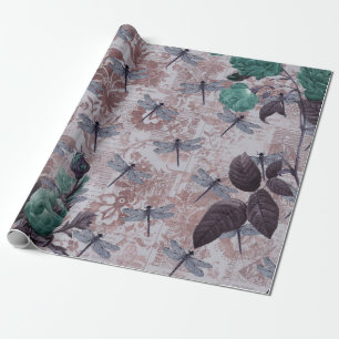 Dragonfly and Purple Floral Newsprint Wrapping Paper