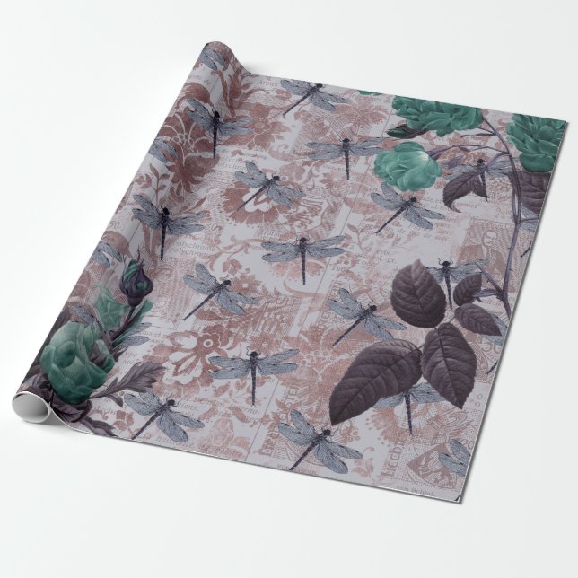 Dragonfly and Purple Floral Newsprint Wrapping Paper (Unrolled)