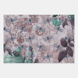 Dragonfly and Purple Floral Newsprint Wrapping Paper Sheets