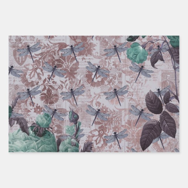 Dragonfly and Purple Floral Newsprint Wrapping Paper Sheets (Front)