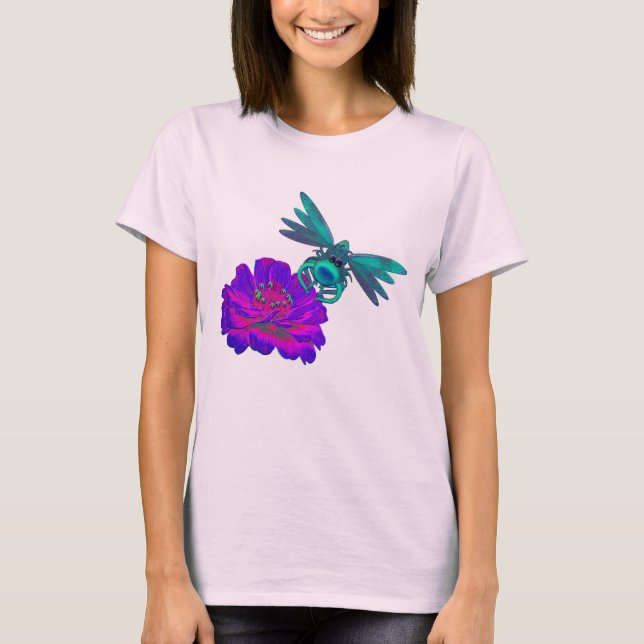 Dragonfly And Zinnia Flower  T-Shirt (Front)