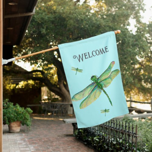 Dragonfly Aqua Pastels Whimsical Script House Flag