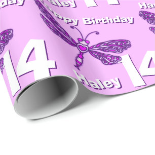 Dragonfly art aqua age name 14th birthday wrap wrapping paper