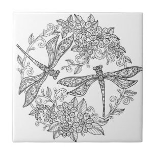 dragonfly art black and white tiles