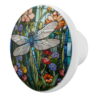 Dragonfly art boho floral botanical stain glass ceramic knob