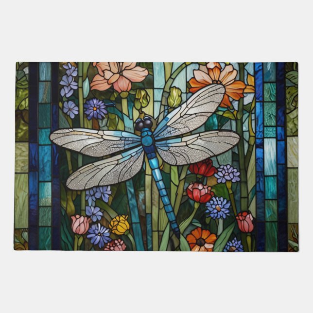 Dragonfly art boho floral botanical stain glass doormat (Front)