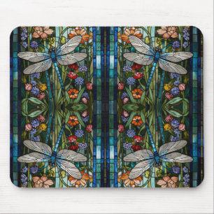 Dragonfly art boho floral botanical stain glass mouse pad