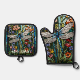 Dragonfly art boho floral botanical stain glass oven mitt & pot holder set