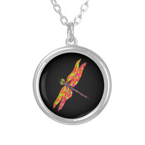 Dragonfly art insect illustration silver plated necklace