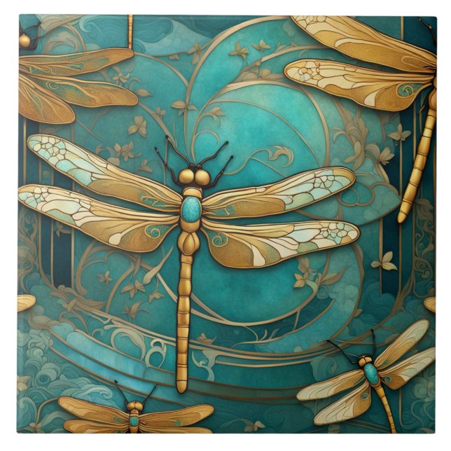 Dragonfly Art Nouveau Art Deco Teal & Gold Insects Ceramic Tile (Front)