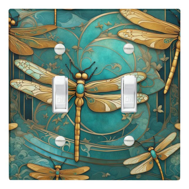 Dragonfly Art Nouveau Art Deco Teal & Gold Insects Light Switch Cover (In Situ)